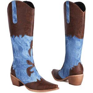 Cozivwaiy Low Heels Women Brown Synthetic Patchwork Knee High Mid Calf Toe Boots